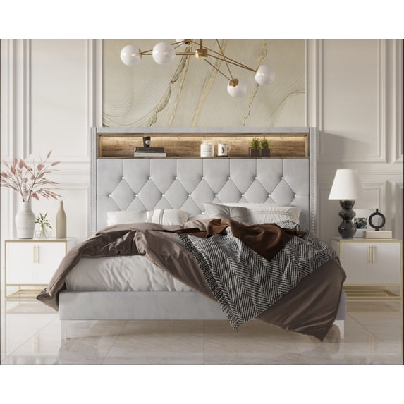 Home Design Javan Queen Velvet Upholstered Bookcase Panel Bed Frame for Adult, Silver Gray, Easy Assembly