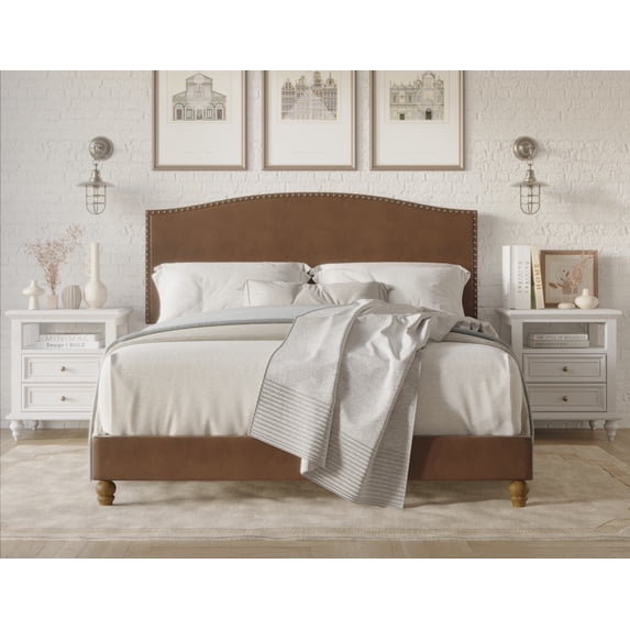 Home Design Jethro Queen Platform Bed Frame with Nailhead Trim and Faux Leather Upholstery, PU Brown/Vintage Oak, Easy Assembly
