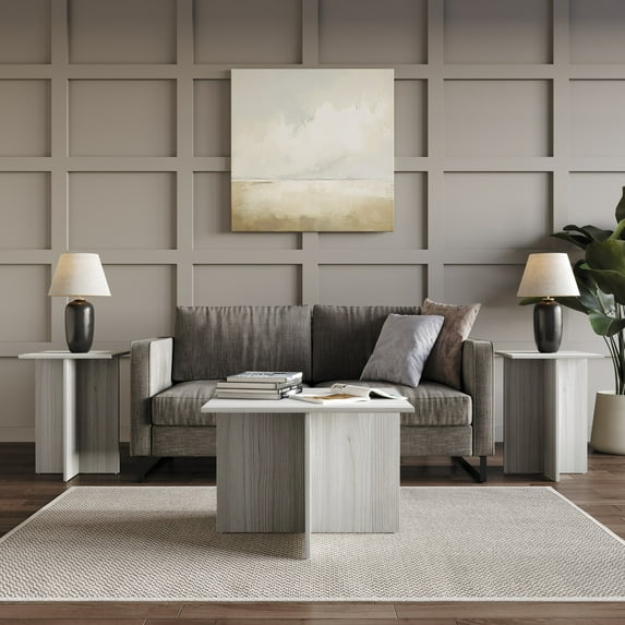 Home Design Joliet 3-Piece Coffee Set with Rectangular Tables, Natural Wood Finish and Modern Open Shelf, Light Gray