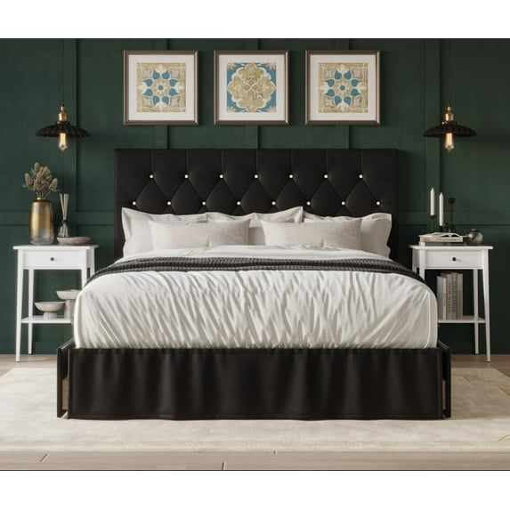 Home Design Jovita Full Tufted Upholstered Storage Panel Bed Frame with Diamond Button Tufting and Four Drawers, Black, Easy Assembly