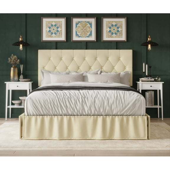 Home Design Jovita Twin Tufted Upholstered Storage Panel Bed Frame with Diamond Button Tufting and Four Drawers, Beige, Easy Assembly