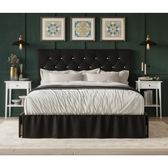 Home Design Jovita Twin Tufted Upholstered Storage Panel Bed Frame with Diamond Button Tufting and Four Drawers, Black, Easy Assembly