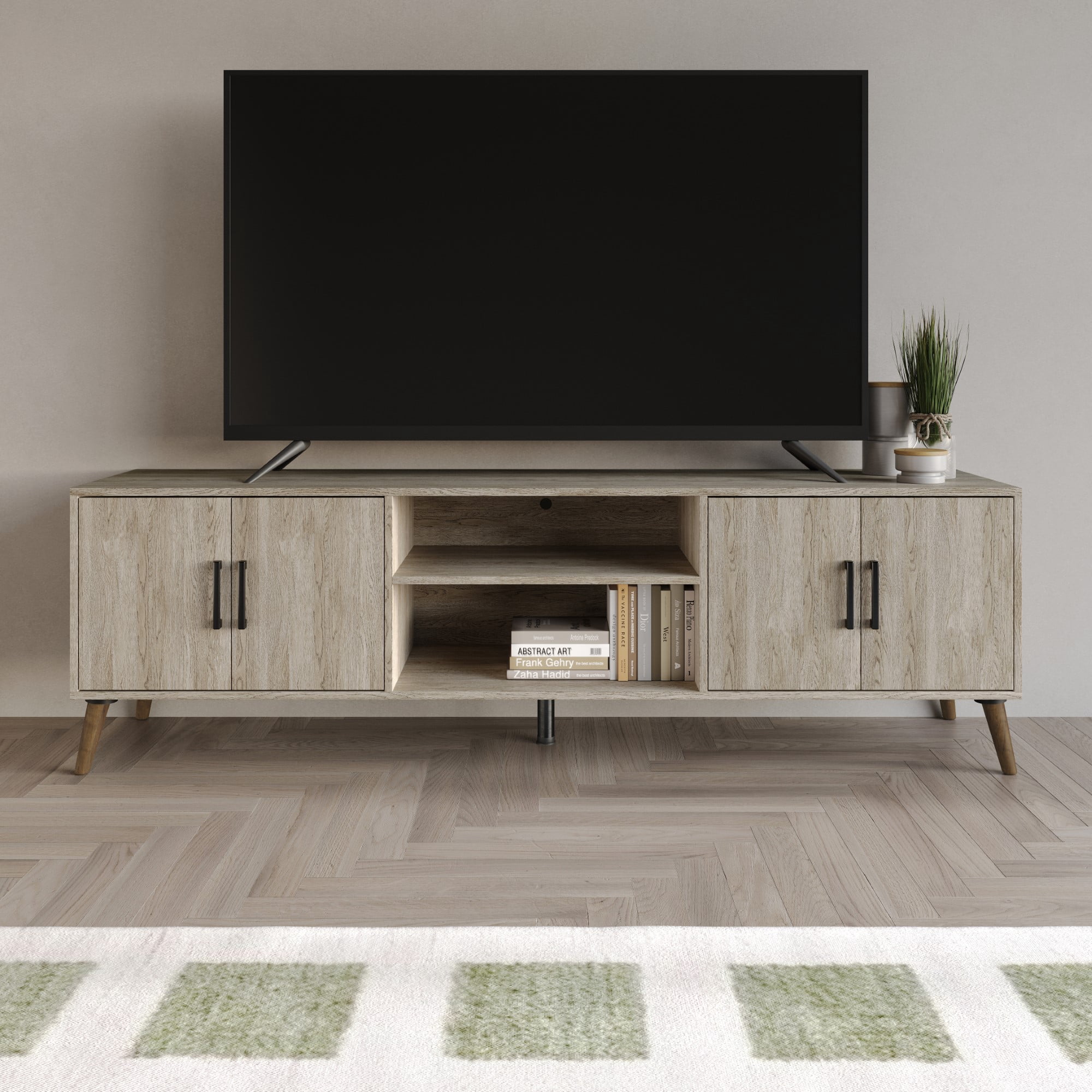 Home Design Juneau 71" TV Stand with Ample Storage, Open Shelves, and Round Cable Hole, Modern Vintage Design for Living Room, Antique Gray