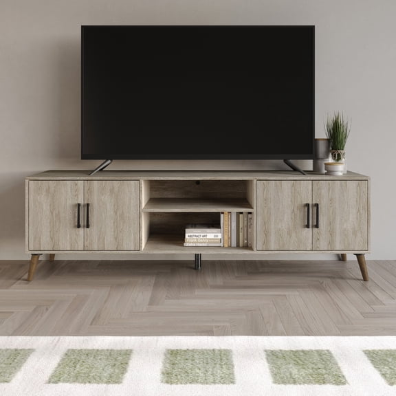 Home Design Juneau 71" TV Stand with Ample Storage, Open Shelves, and Round Cable Hole, Modern Vintage Design for Living Room, Antique Gray
