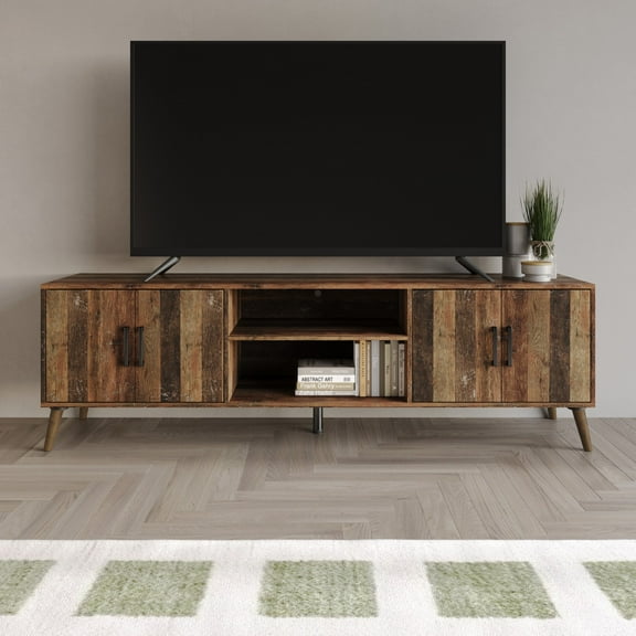 Home Design Juneau 71" TV Stand with Ample Storage, Open Shelves, and Round Cable Hole, Modern Vintage Design for Living Room, Vintage Oak