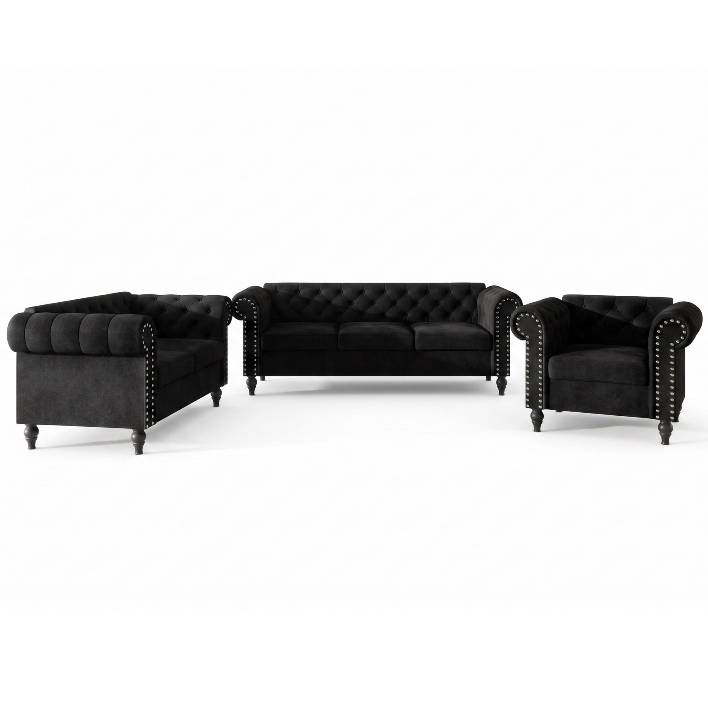 Home Design Kelso 3-Piece Velvet Living Room Set With Rolled Arm Chair, Loveseat and Sofa, Deep Button Tufting and Turned Legs, Black
