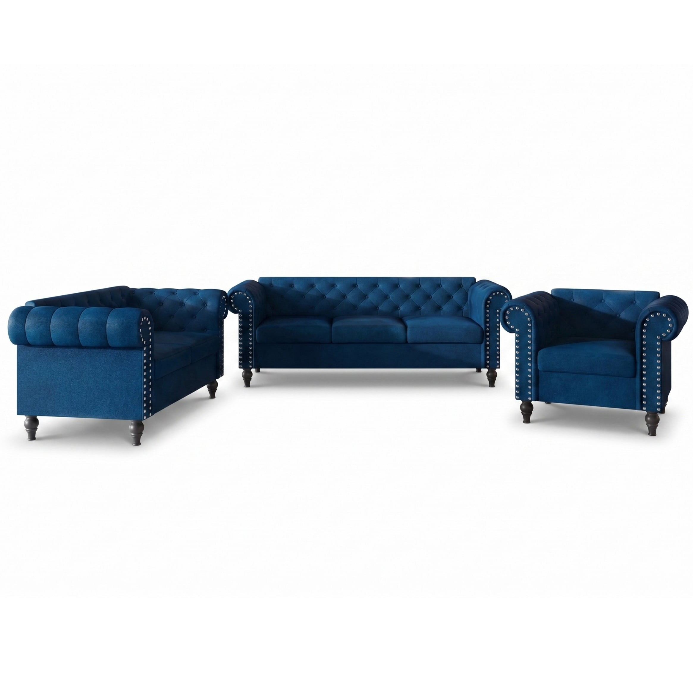 Home Design Kelso 3-Piece Velvet Living Room Set With Rolled Arm Chair, Loveseat and Sofa, Deep Button Tufting and Turned Legs, Blue