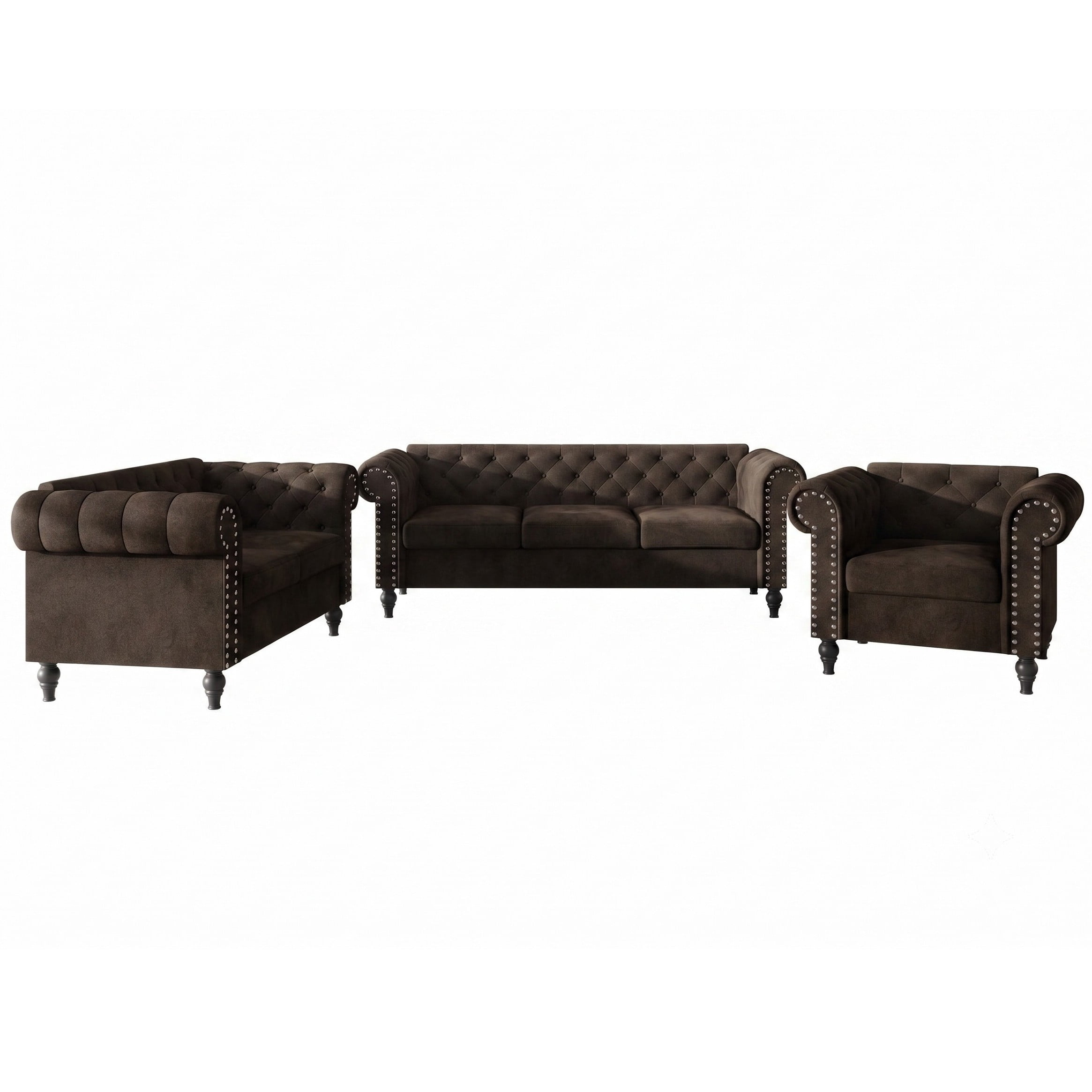 Home Design Kelso 3-Piece Velvet Living Room Set With Rolled Arm Chair, Loveseat and Sofa, Deep Button Tufting and Turned Legs, Brown