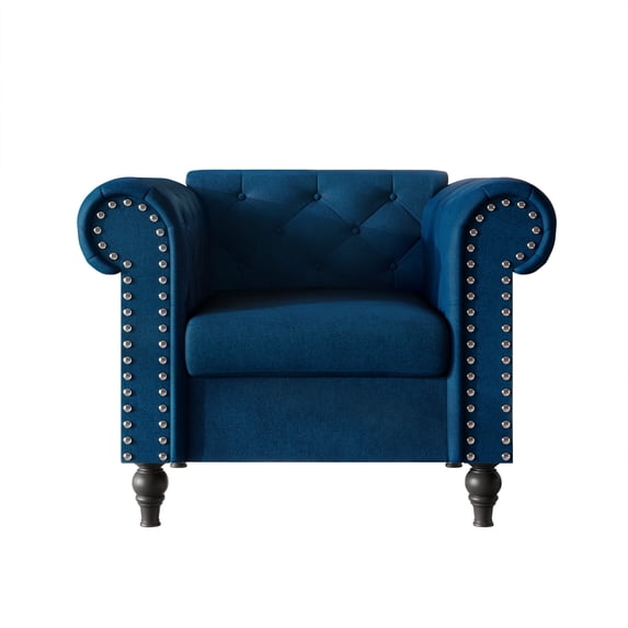 Home Design Kelso Velvet Rolled Arm Chair with Deep Button Tufting, Nailhead Trim and Turned Legs, Blue