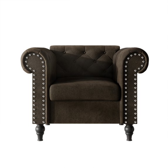 Home Design Kelso Velvet Rolled Arm Chair with Deep Button Tufting, Nailhead Trim and Turned Legs, Brown