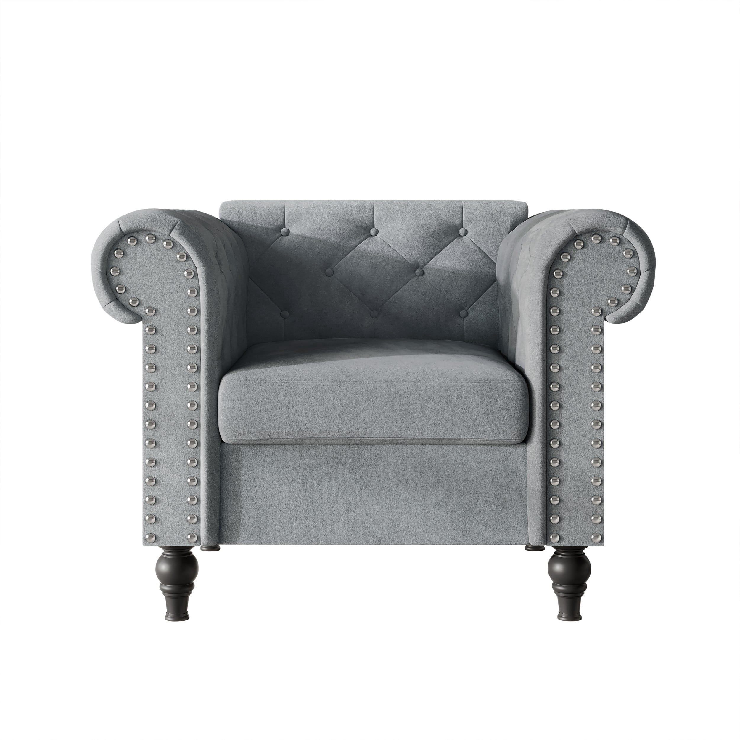 Home Design Kelso Velvet Rolled Arm Chair with Deep Button Tufting, Nailhead Trim and Turned Legs, Gray