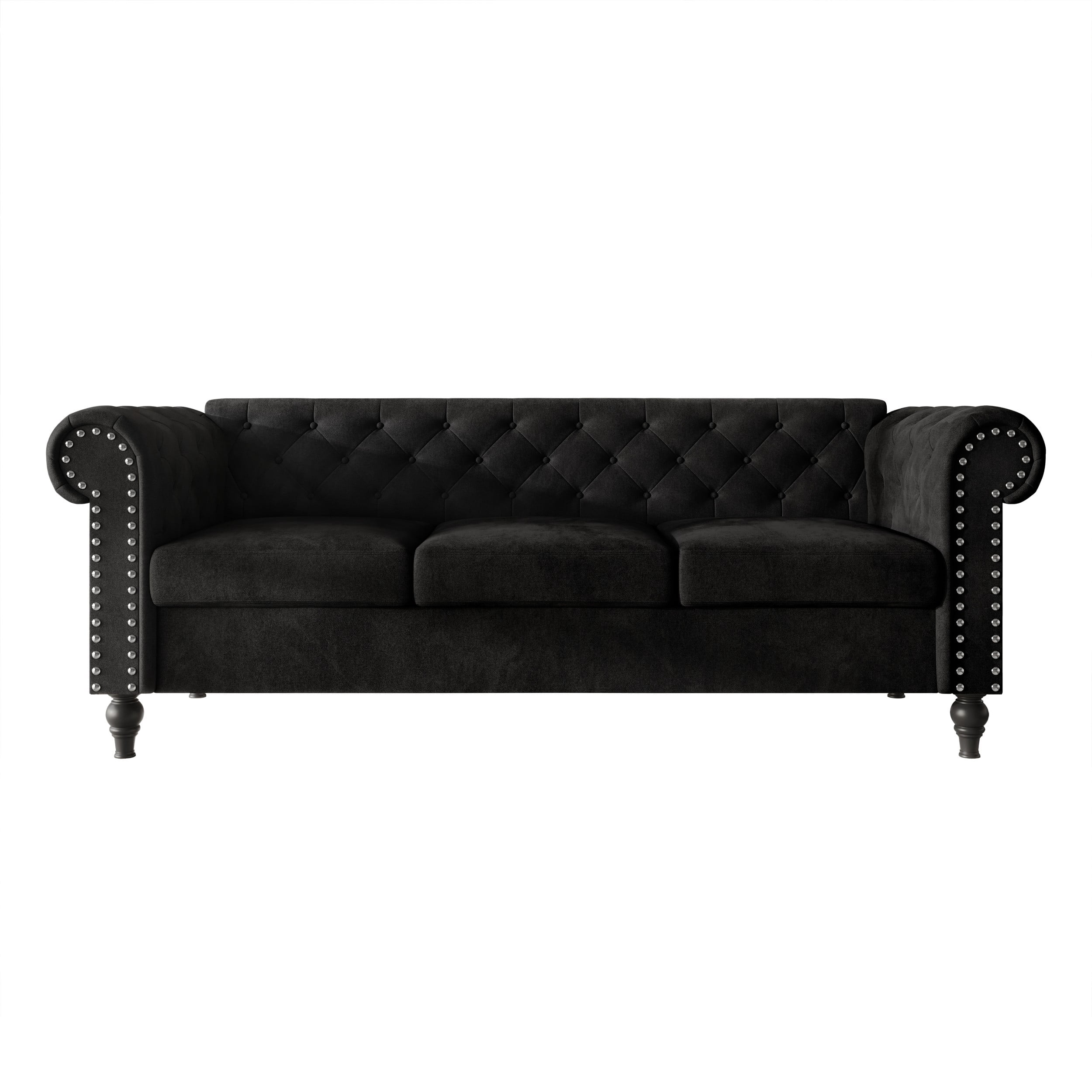 Home Design Kelso Velvet Rolled Arm Sofa with Deep Button Tufting, Nailhead Trim and Turned Legs, Black