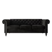 Home Design Kelso Velvet Rolled Arm Sofa with Deep Button Tufting, Nailhead Trim and Turned Legs, Black