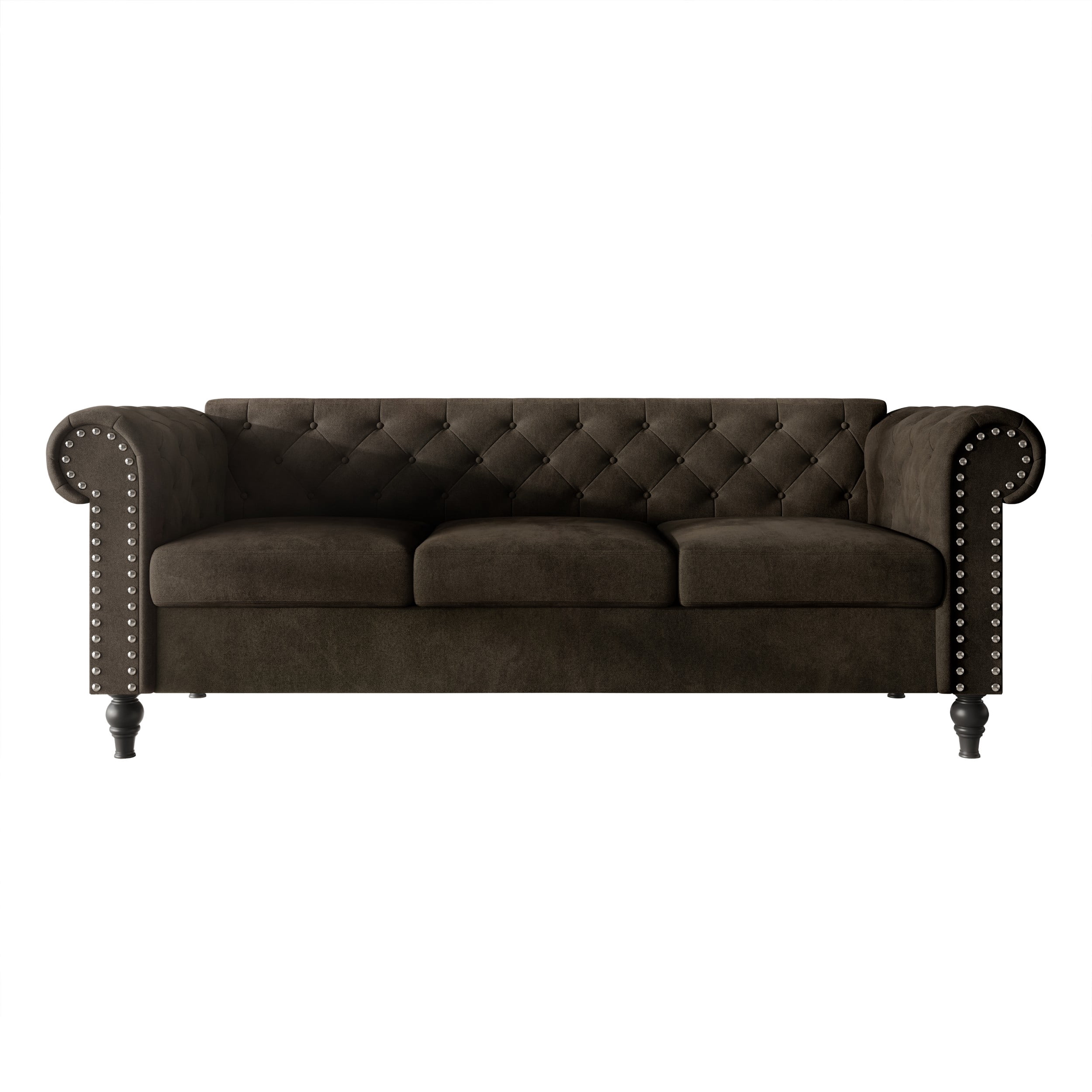Home Design Kelso Velvet Rolled Arm Sofa with Deep Button Tufting, Nailhead Trim and Turned Legs, Brown
