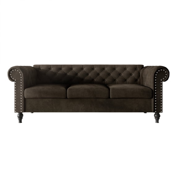 Home Design Kelso Velvet Rolled Arm Sofa with Deep Button Tufting, Nailhead Trim and Turned Legs, Brown