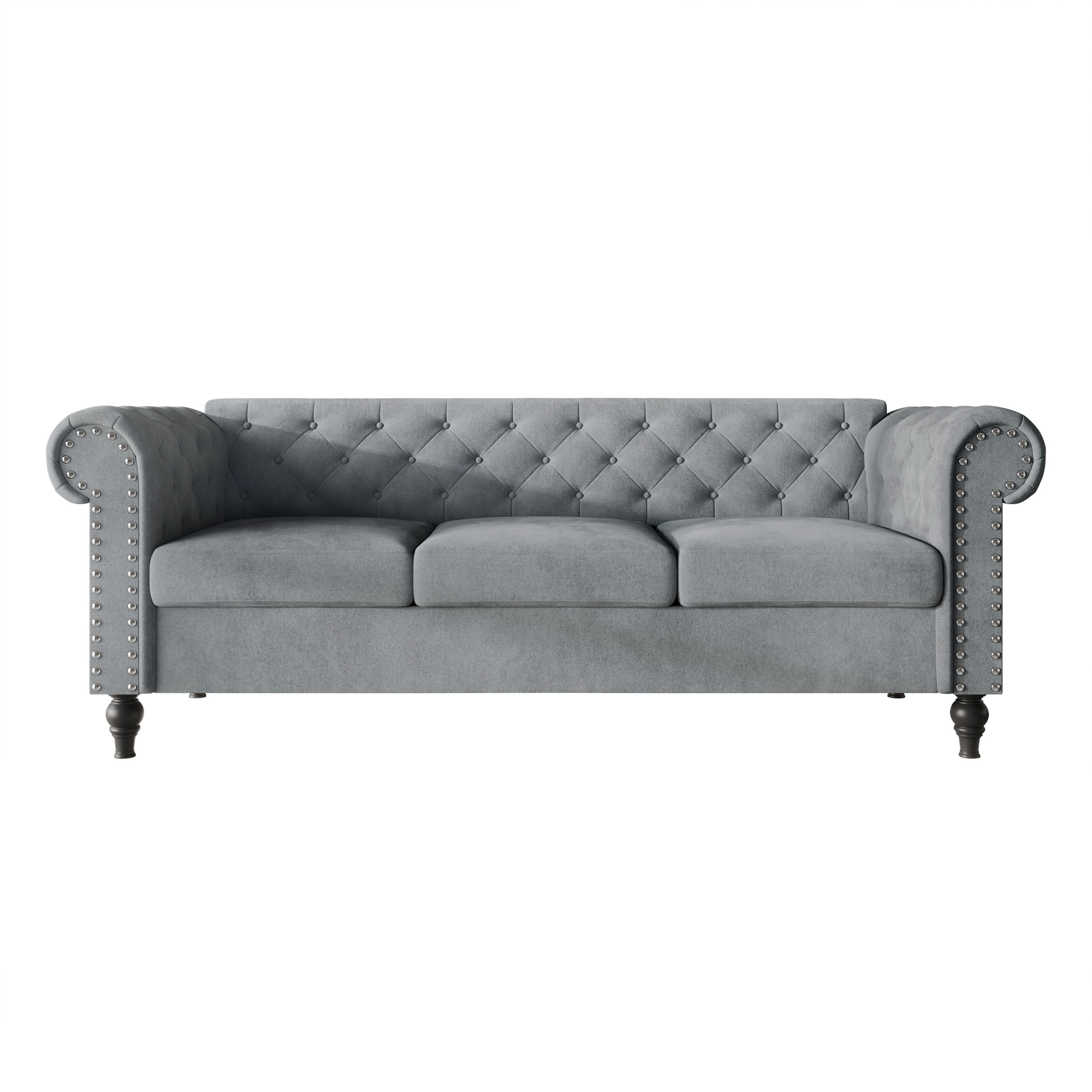 Home Design Kelso Velvet Rolled Arm Sofa with Deep Button Tufting, Nailhead Trim and Turned Legs, Gray