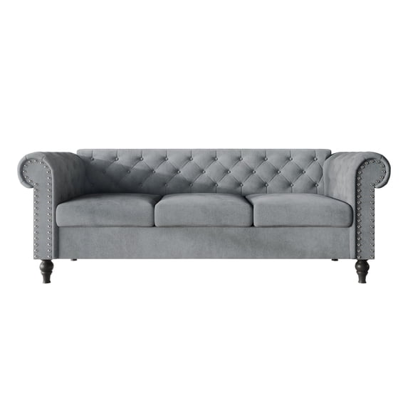 Home Design Kelso Velvet Rolled Arm Sofa with Deep Button Tufting, Nailhead Trim and Turned Legs, Gray