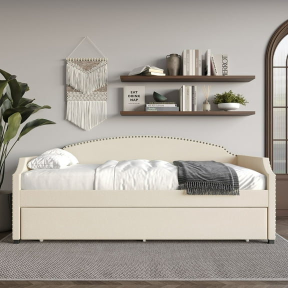 Home Design Kilgore Twin Daybed, Beige Velvet, Scooped Backrest, Chrome Nailhead Trim, Foam Padding, Pull-Out Trundle for Stylish Seating & Sleeping
