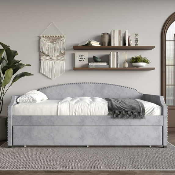Home Design Kilgore Twin Daybed, Gray Velvet, Scooped Backrest, Chrome Nailhead Trim, Foam Padding, Pull-Out Trundle for Stylish Seating & Sleeping
