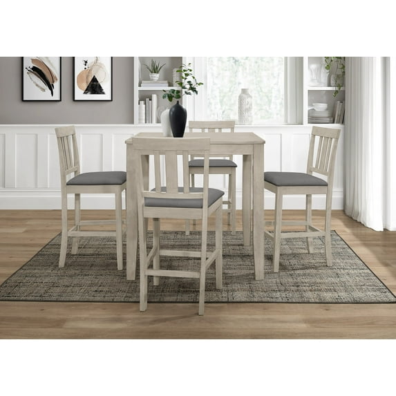 Home Design Kinsley 5-Piece Counter Set, Antique Gray/Gray, Square Table with Slat-Back Cushioned Chairs, Modern Minimalist Style