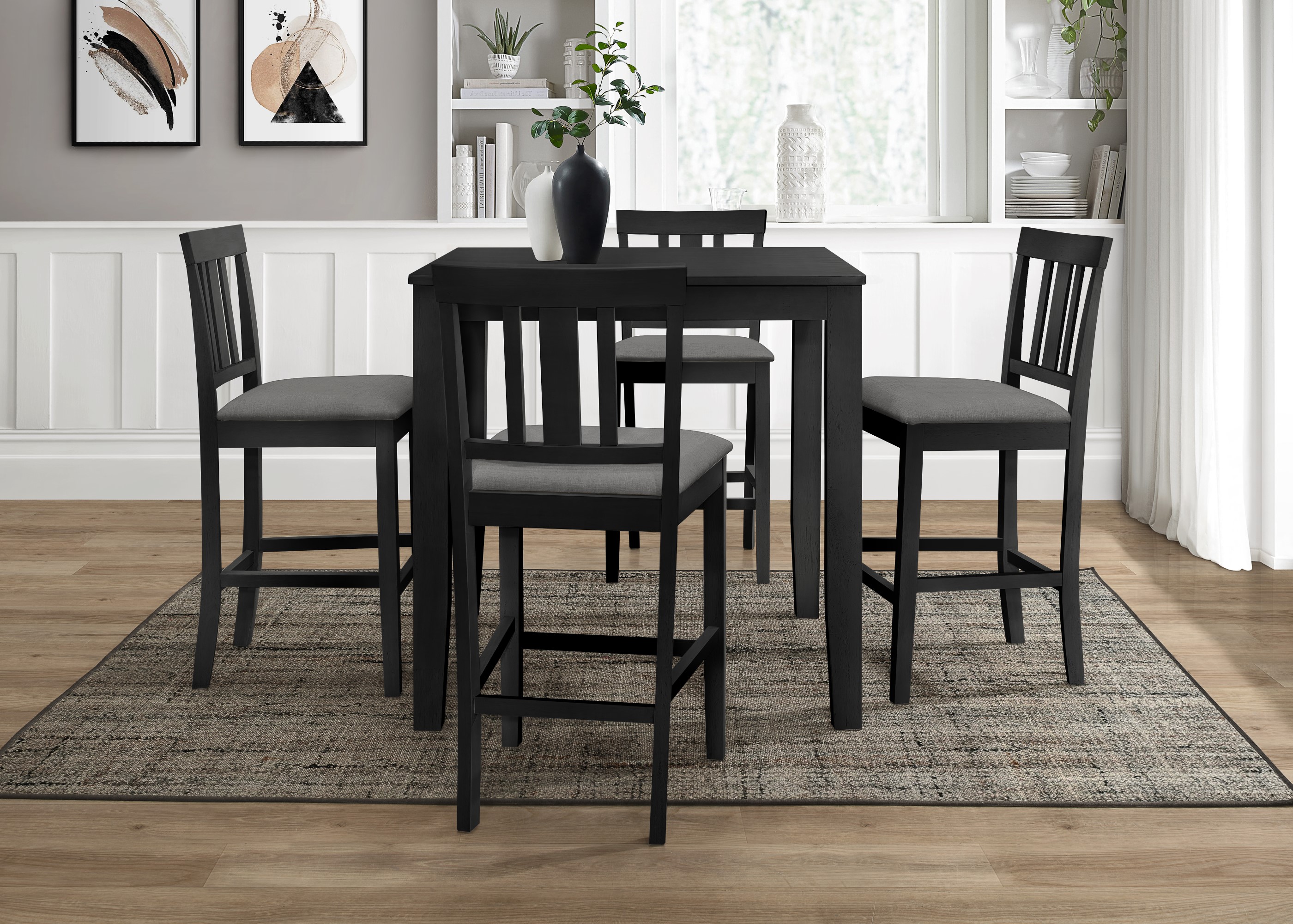 Home Design Kinsley 5-Piece Counter-Height Dining Set, Square Black/Gray Table with 4 Slat-Back Cushioned Chairs