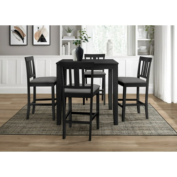 Home Design Kinsley 5-Piece Counter-Height Dining Set, Square Black/Gray Table with 4 Slat-Back Cushioned Chairs