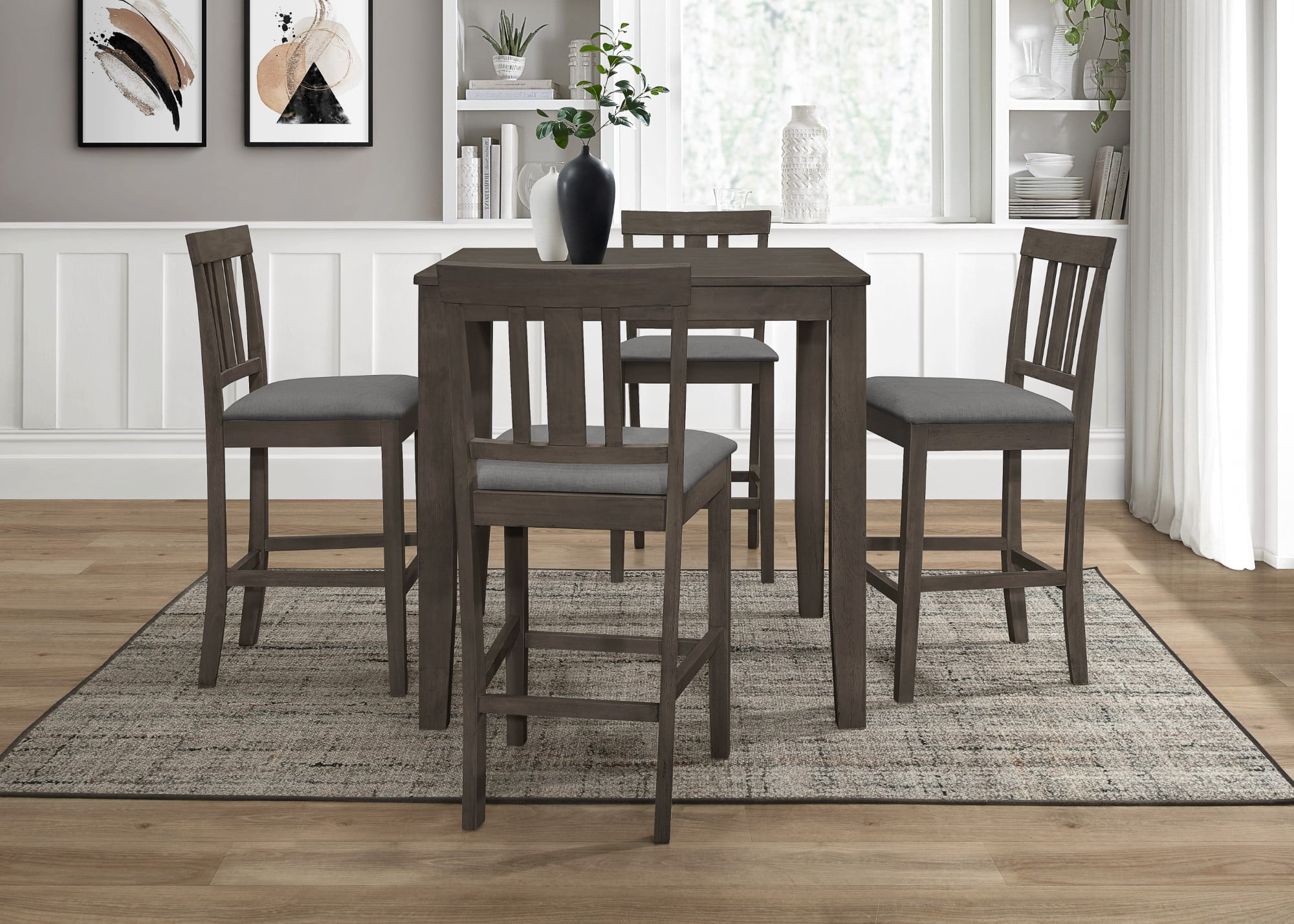 Home Design Kinsley 5-Piece Counter Set, Taupe/Gray, Square Table with Slat-Back Cushioned Chairs, Modern Minimalist Style