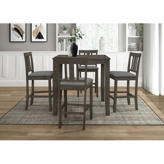 Home Design Kinsley 5-Piece Counter Set, Taupe/Gray, Square Table with Slat-Back Cushioned Chairs, Modern Minimalist Style
