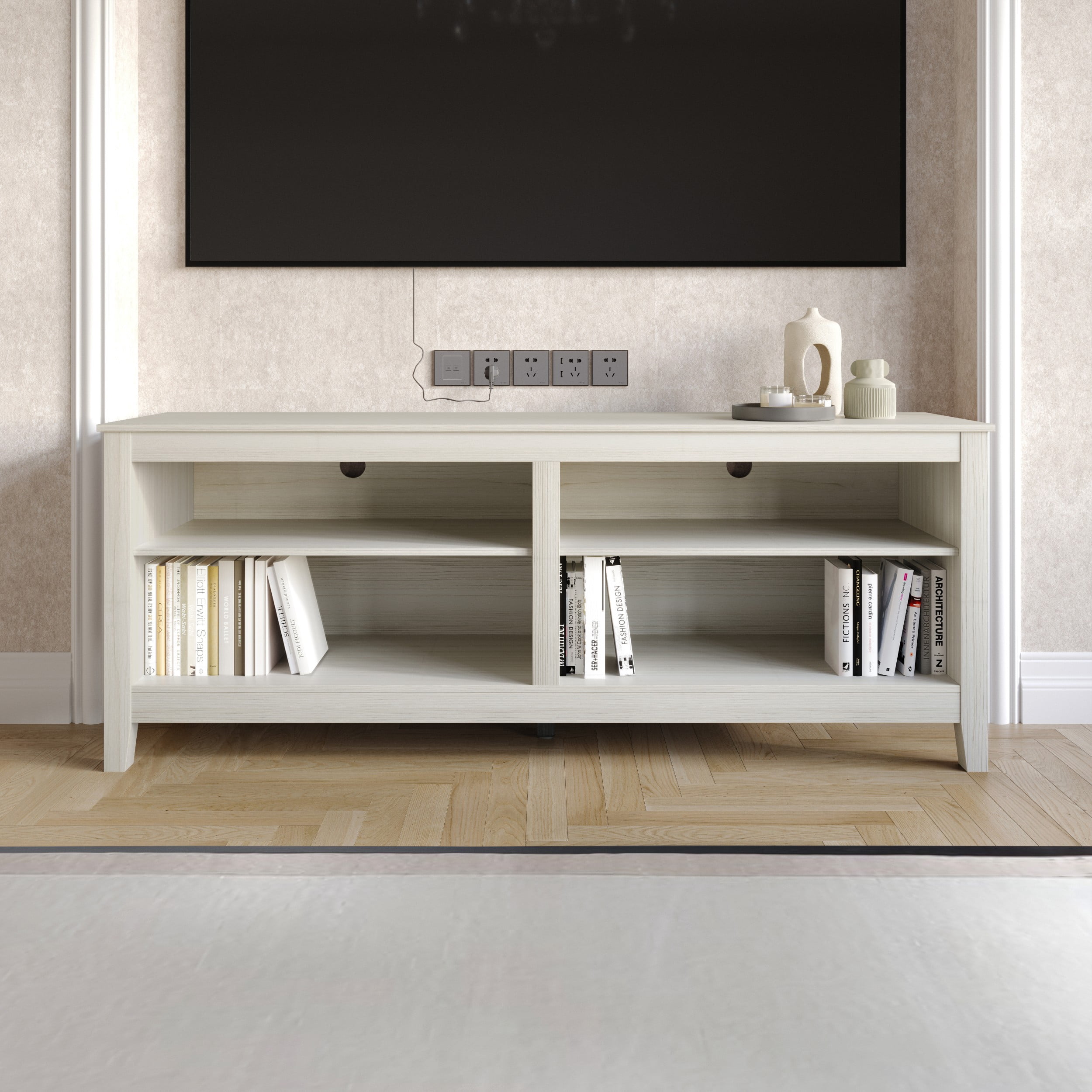 Home Design Kittery TV Stand with Open Shelves and Cable Management, Sturdy Legs, Modern Design for Living Room, Light Gray Finish