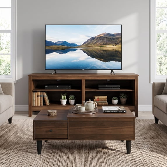 Home Design Kittery TV Stand with Storage Shelves and Caribou Lift-Top Coffee Table Set, Rustic Entertainment Center with Hidden Storage for Living Room, Brown