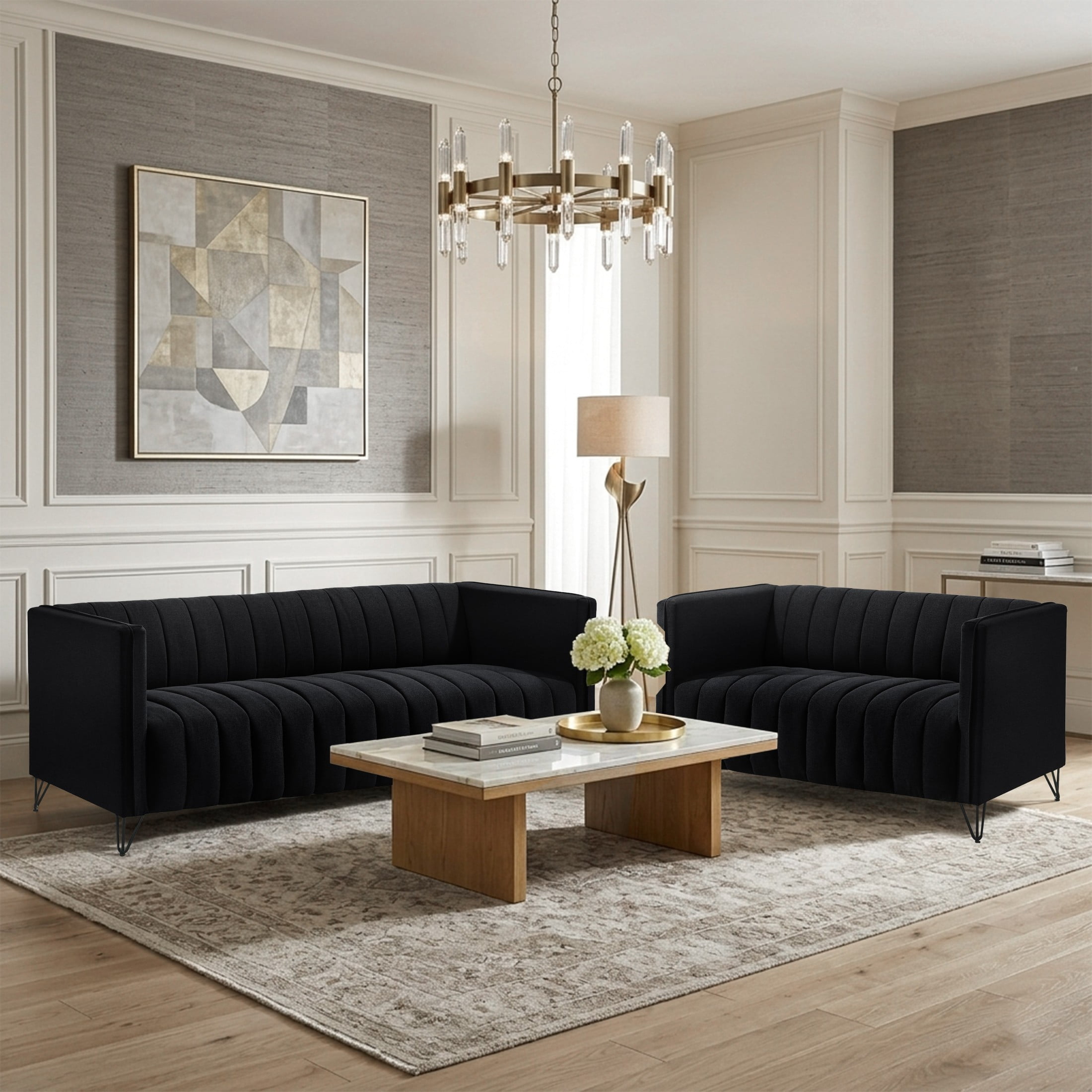 Home Design Kurtis 2-Piece Living Room Set with Square Arm Loveseat and Sofa, Channel-Tufted Upholstery, Black