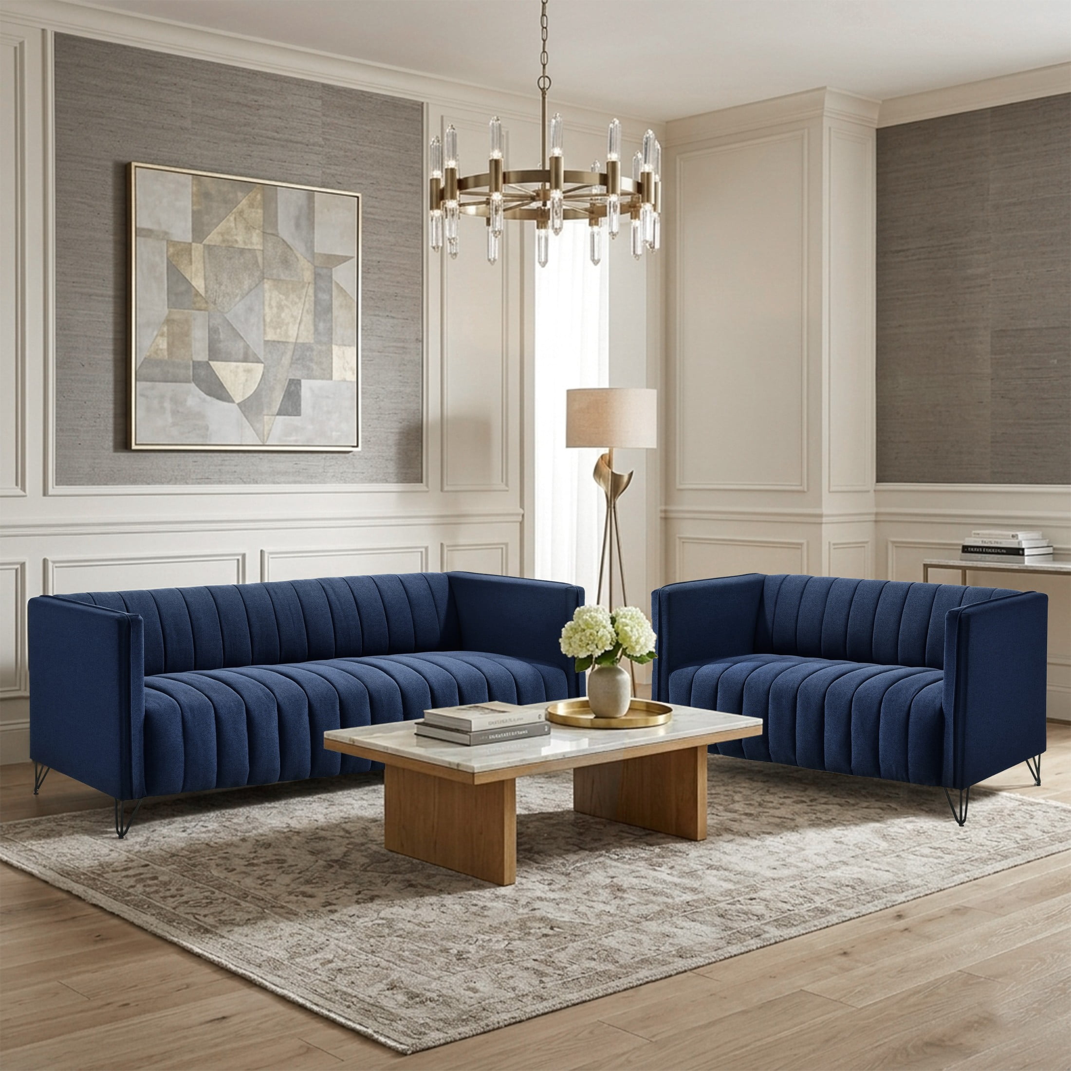 Home Design Kurtis 2-Piece Living Room Set with Square Arm Loveseat and Sofa, Channel-Tufted Upholstery, Blue