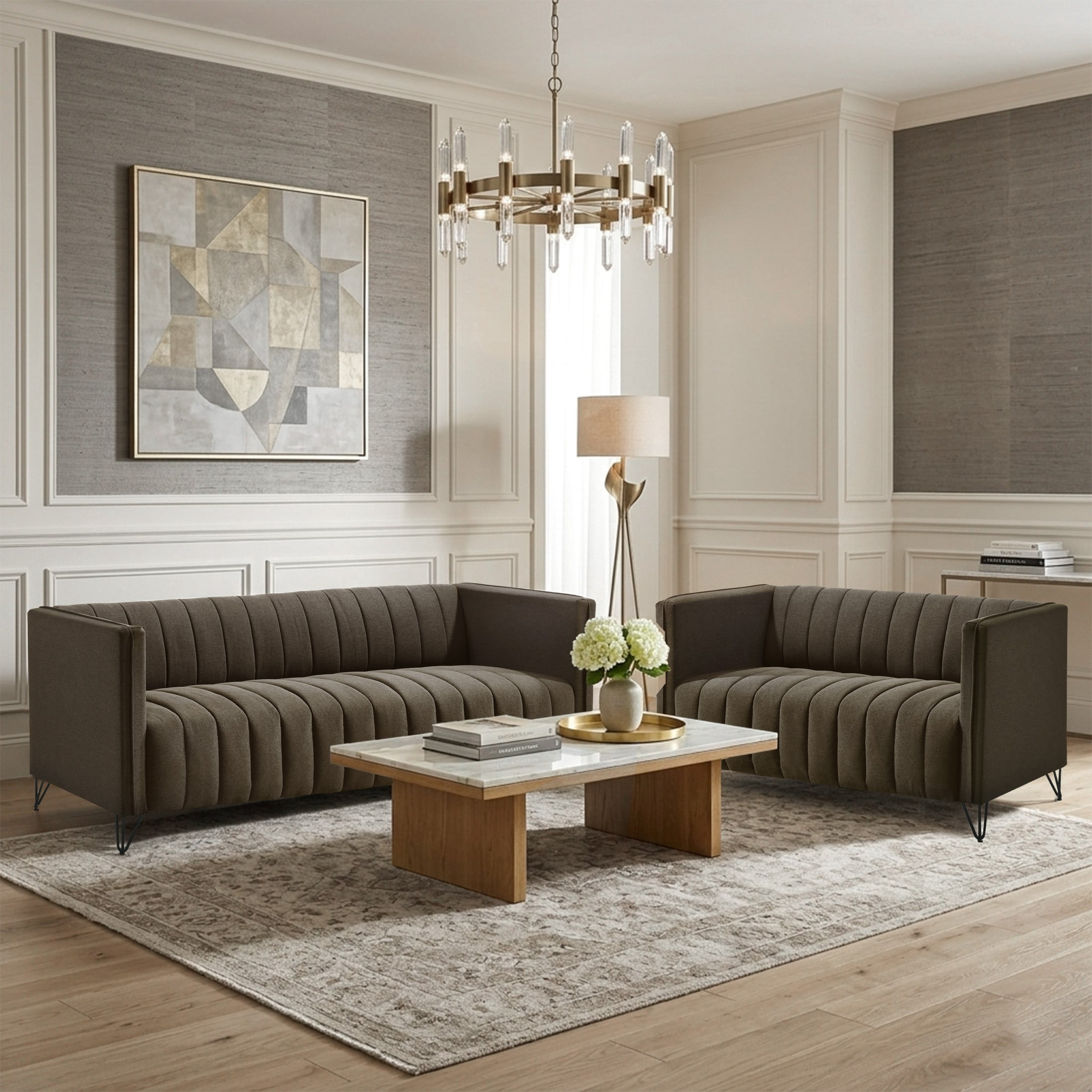 Home Design Kurtis 2-Piece Living Room Set with Square Arm Loveseat and Sofa, Channel-Tufted Upholstery, Brown