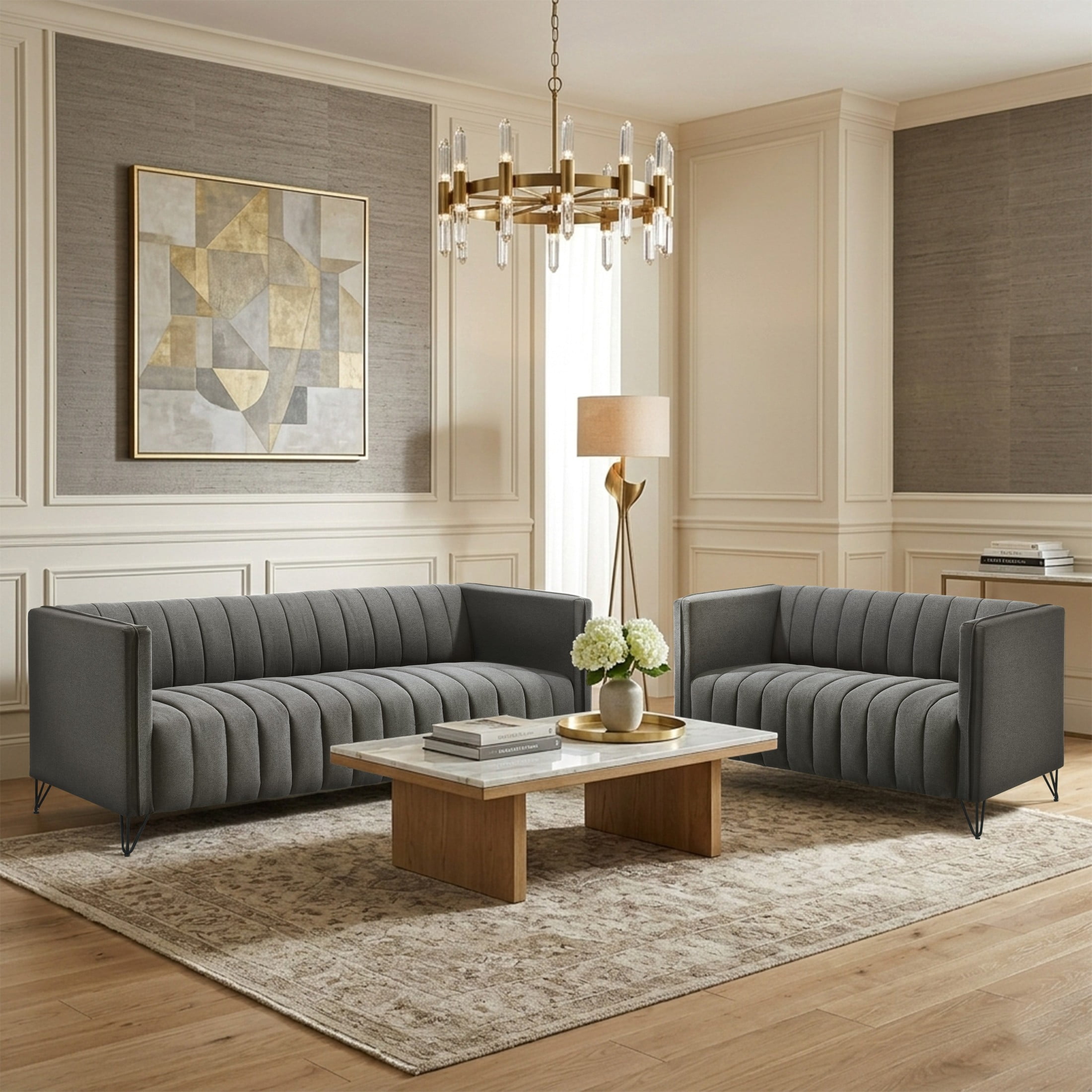 Home Design Kurtis 2-Piece Living Room Set with Square Arm Loveseat and Sofa, Channel-Tufted Upholstery, Gray