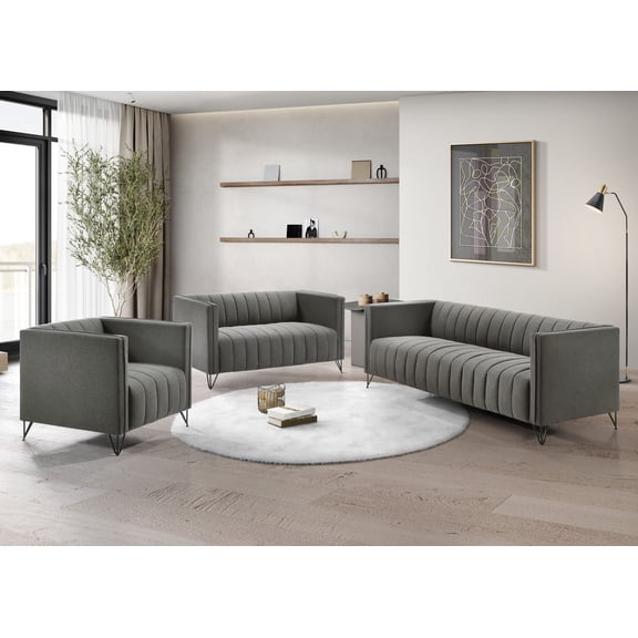Home Design Kurtis Square Arm Chair with Tufted Velvet Upholstery and Gold Metal Legs, Flared Arms, Modern Living Room Seating, Gray