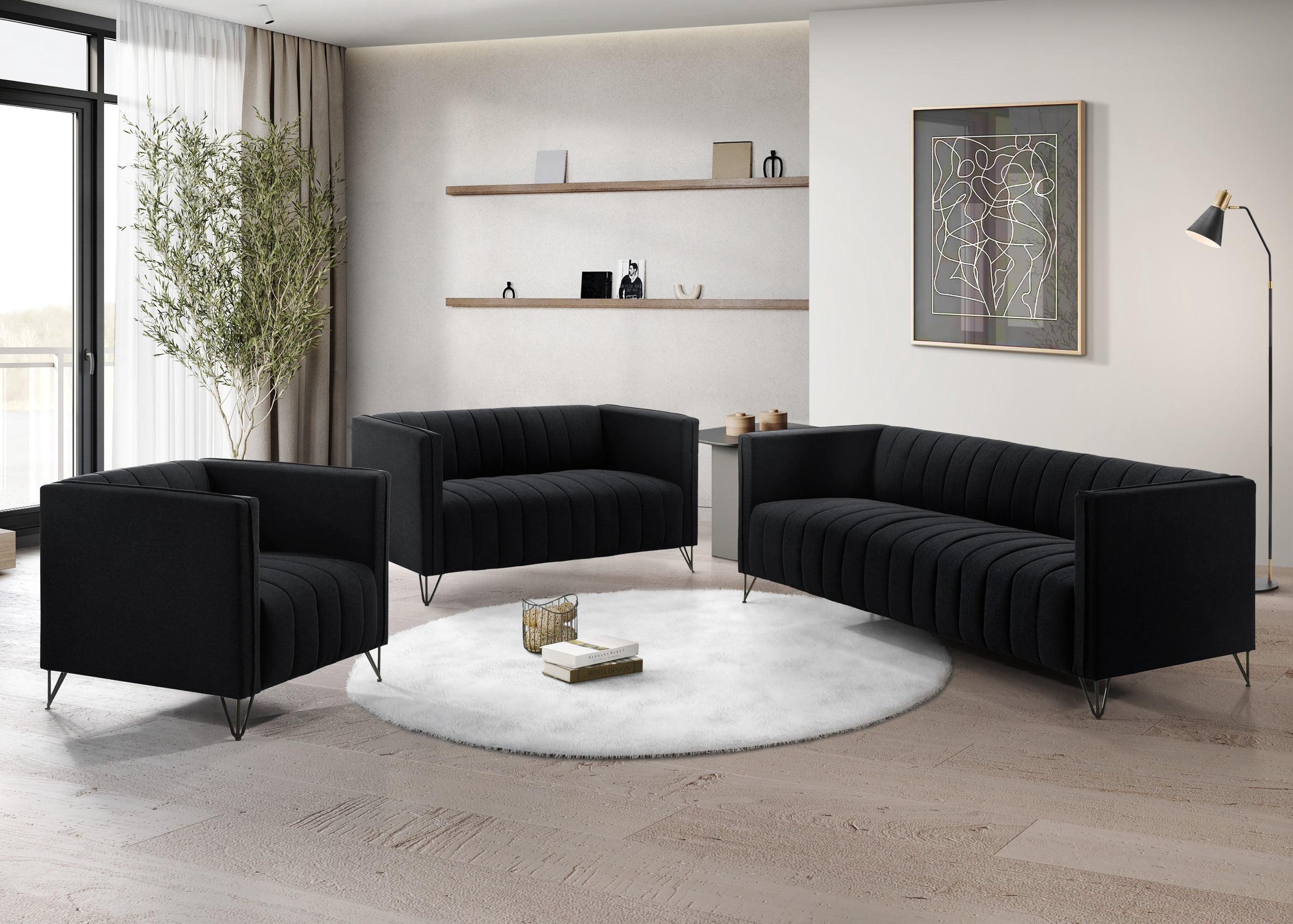 Home Design Kurtis Square Arm Loveseat with Tufted Velvet Upholstery and Gold Metal Legs, Flared Arms, Modern Living Room Seating, Black