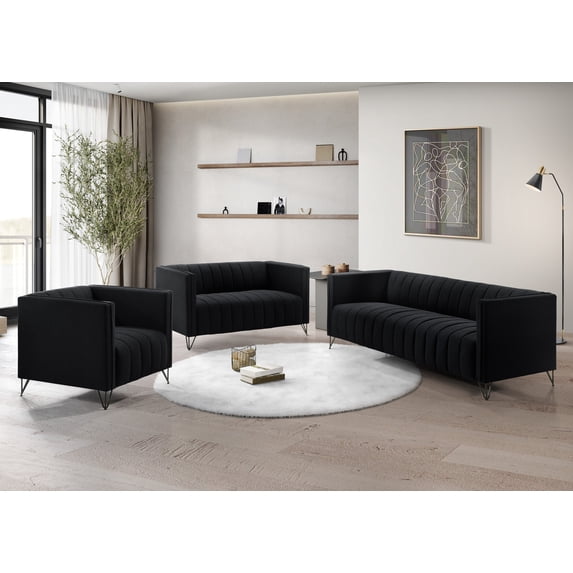 Home Design Kurtis Square Arm Loveseat with Tufted Velvet Upholstery and Gold Metal Legs, Flared Arms, Modern Living Room Seating, Black