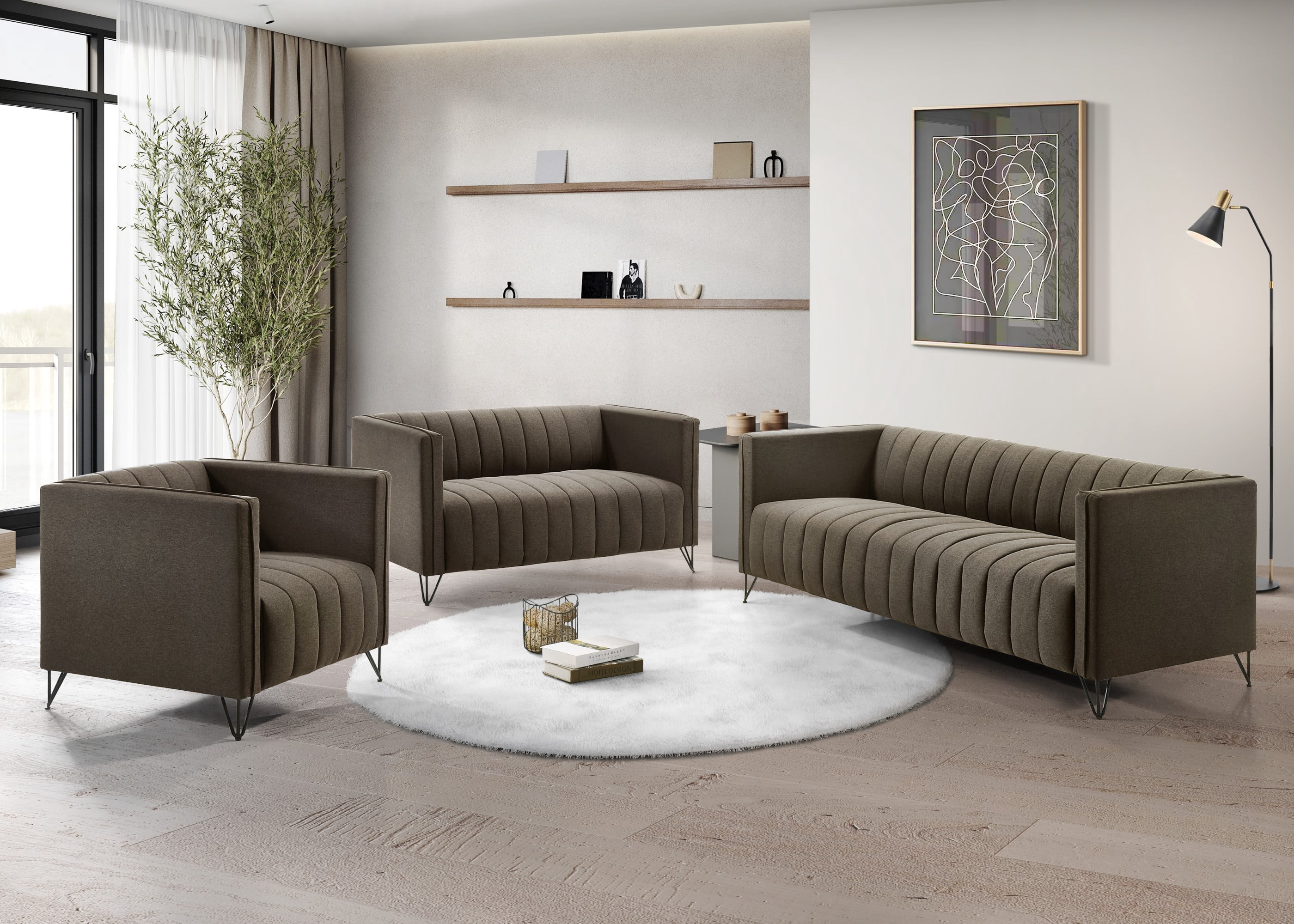 Home Design Kurtis Square Arm Loveseat with Tufted Velvet Upholstery and Gold Metal Legs, Flared Arms, Modern Living Room Seating, Brown