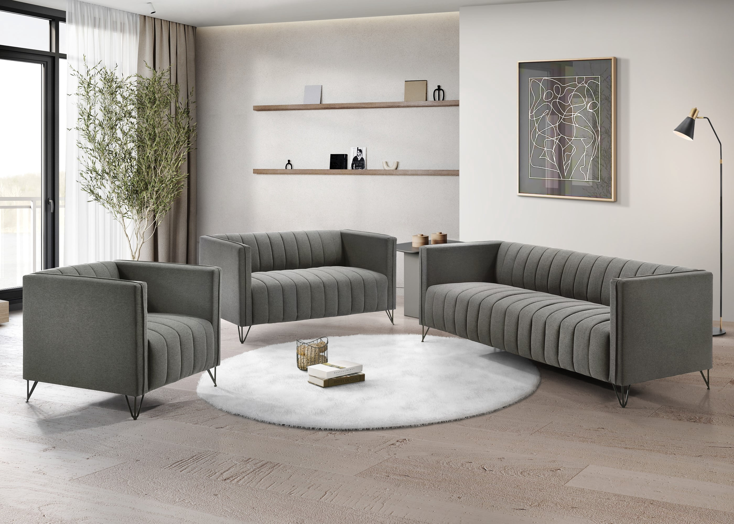 Home Design Kurtis Square Arm Loveseat with Tufted Velvet Upholstery and Gold Metal Legs, Flared Arms, Modern Living Room Seating, Gray
