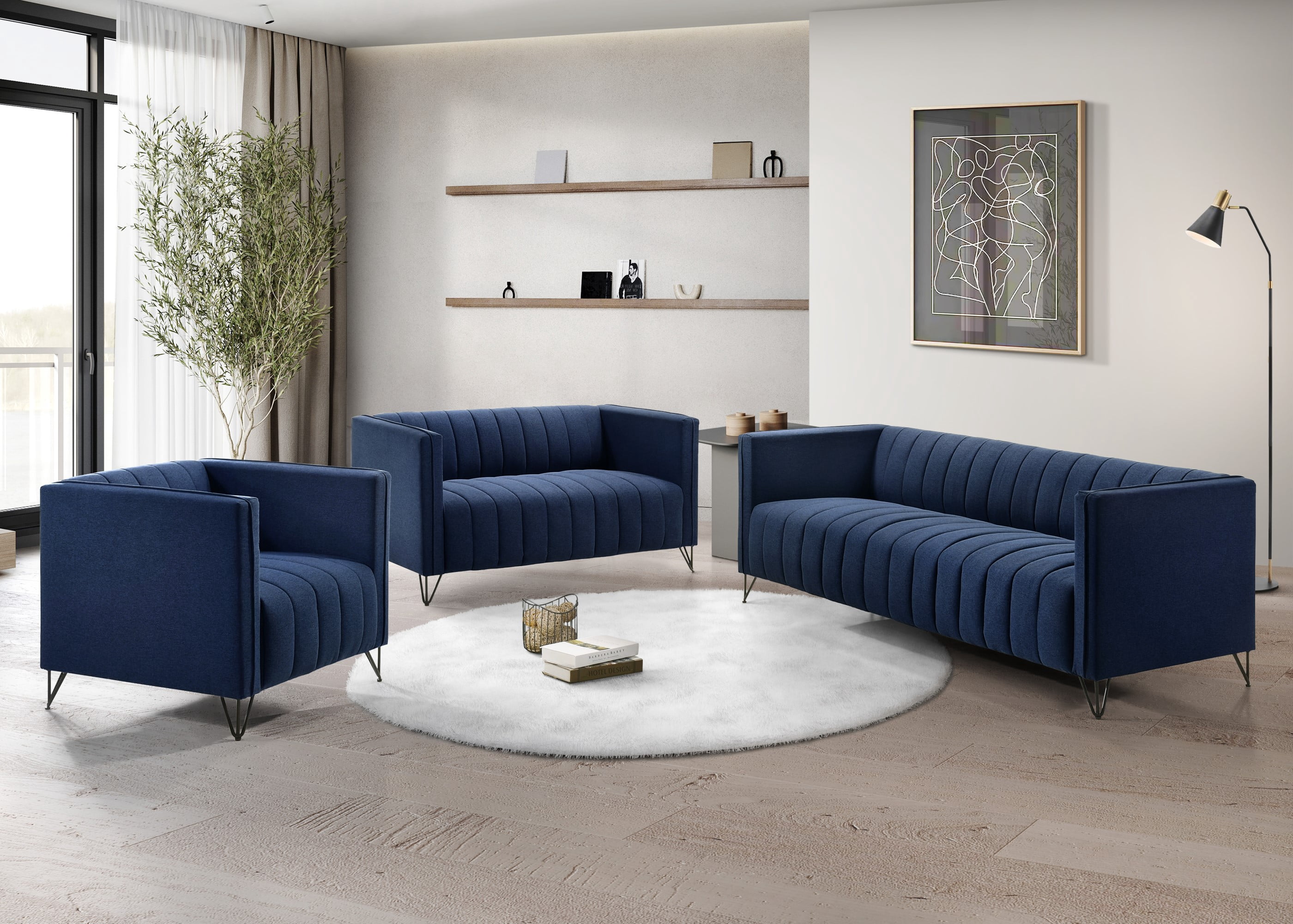 Home Design Kurtis Square Arm Sofa with Tufted Velvet Upholstery and Gold Metal Legs, Flared Arms, Modern Living Room Seating, Blue