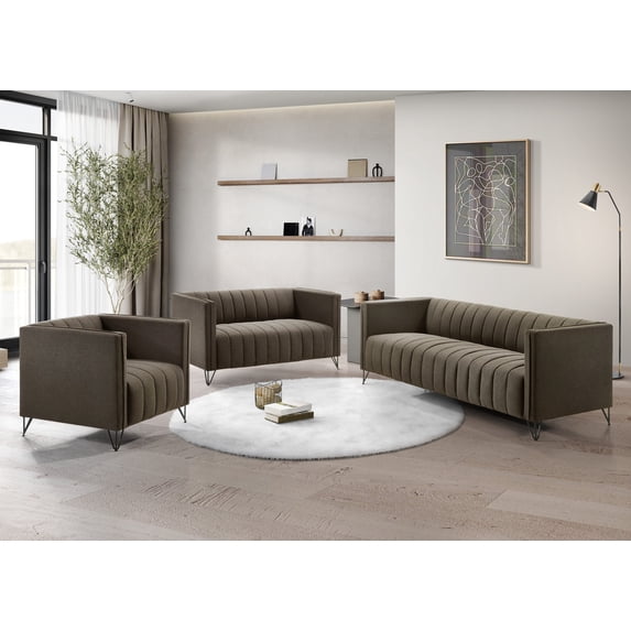 Home Design Kurtis Square Arm Sofa with Tufted Velvet Upholstery and Gold Metal Legs, Flared Arms, Modern Living Room Seating, Brown