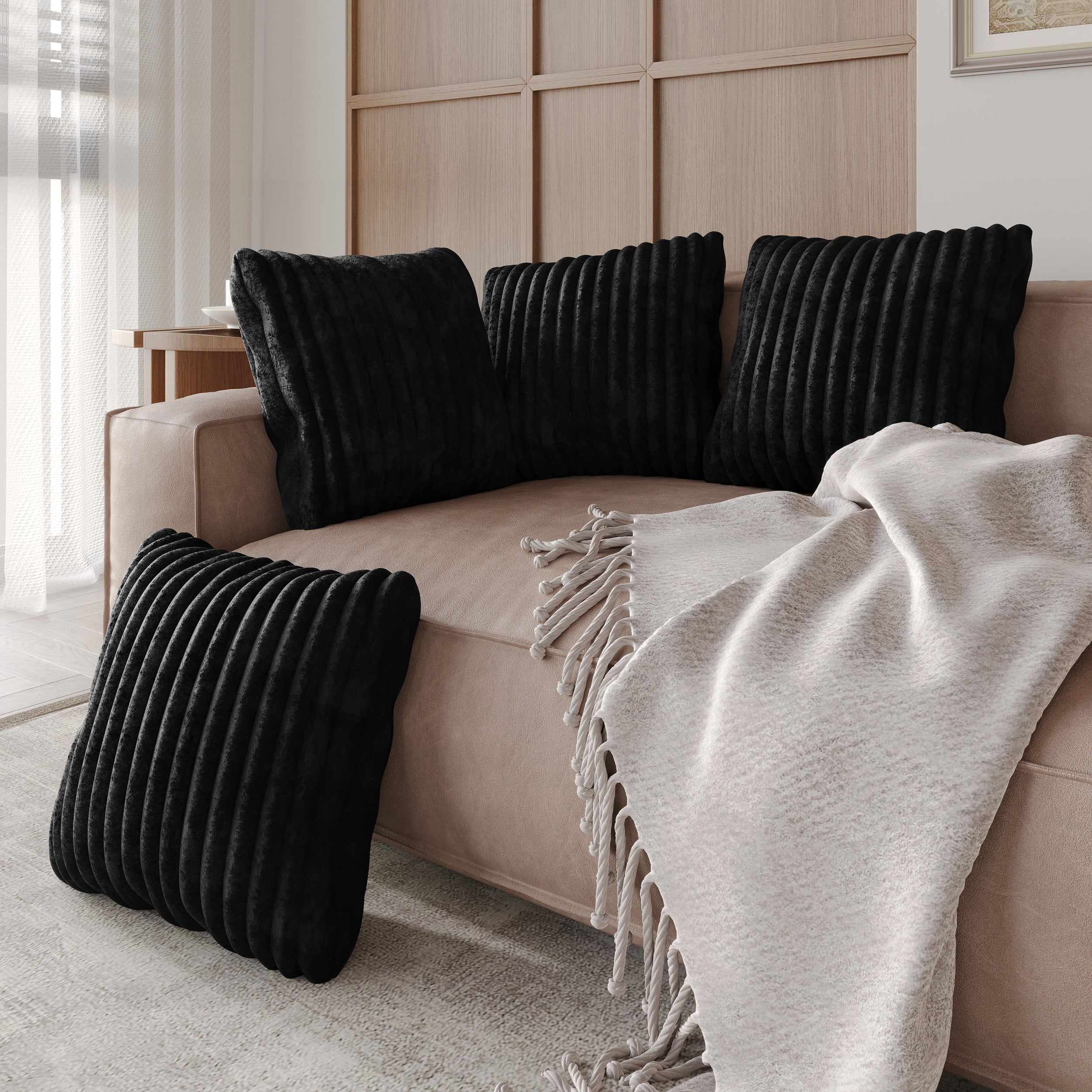 Home Design Laconia 18"x18" Square Velvet Pillow Covers, Set of 4, Soft Fluffy Striped Design for Sofa, Bedroom, or Living Room, Black