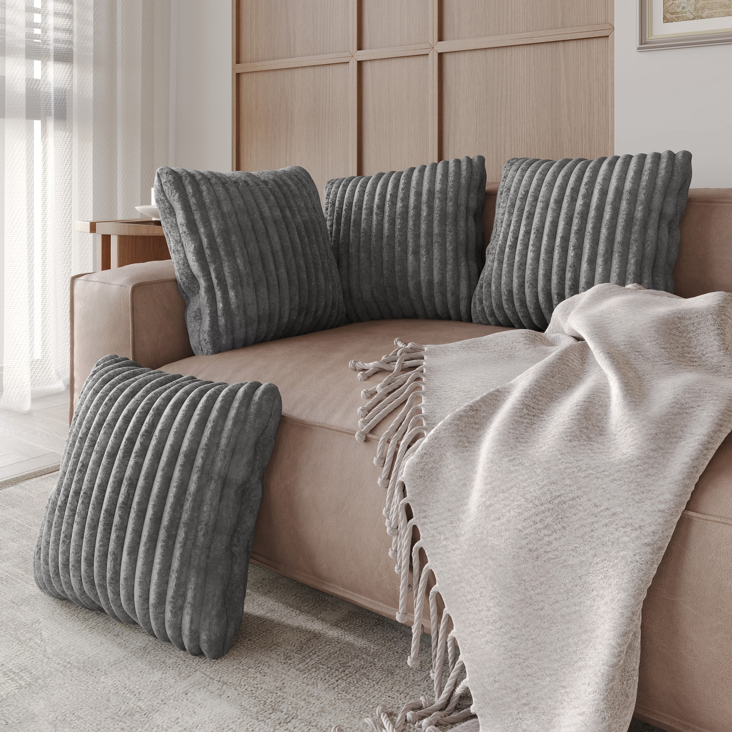 Home Design Laconia 18"x18" Square Velvet Pillow Covers, Set of 4, Soft Fluffy Striped Design for Sofa, Bedroom, or Living Room, Gray
