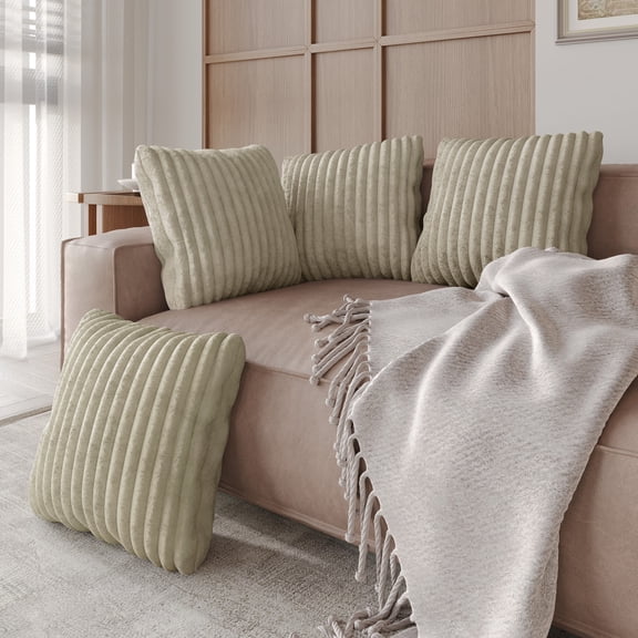 Home Design Laconia 18"x18" Square Velvet Pillow Covers, Set of 4, Soft Fluffy Striped Design for Sofa, Bedroom, or Living Room, Light Beige