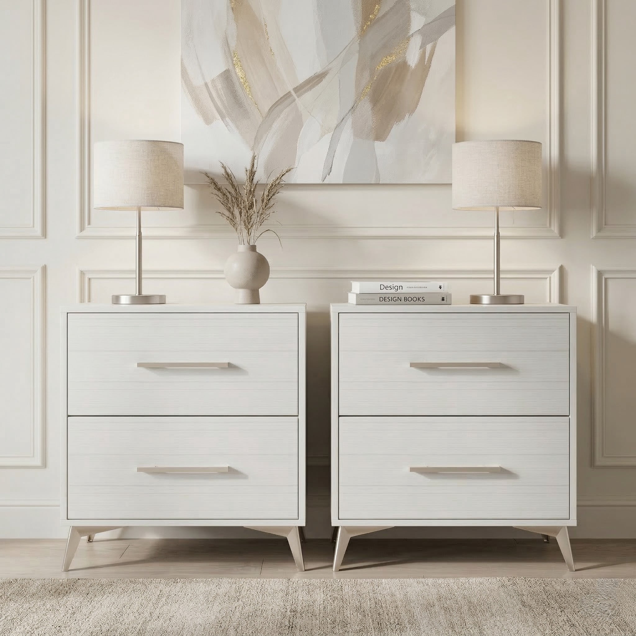 Home Design Lakewood 2 Drawer Nightstand (Set of 2) with Linear Handles and Metal Legs, White, Easy Assembly