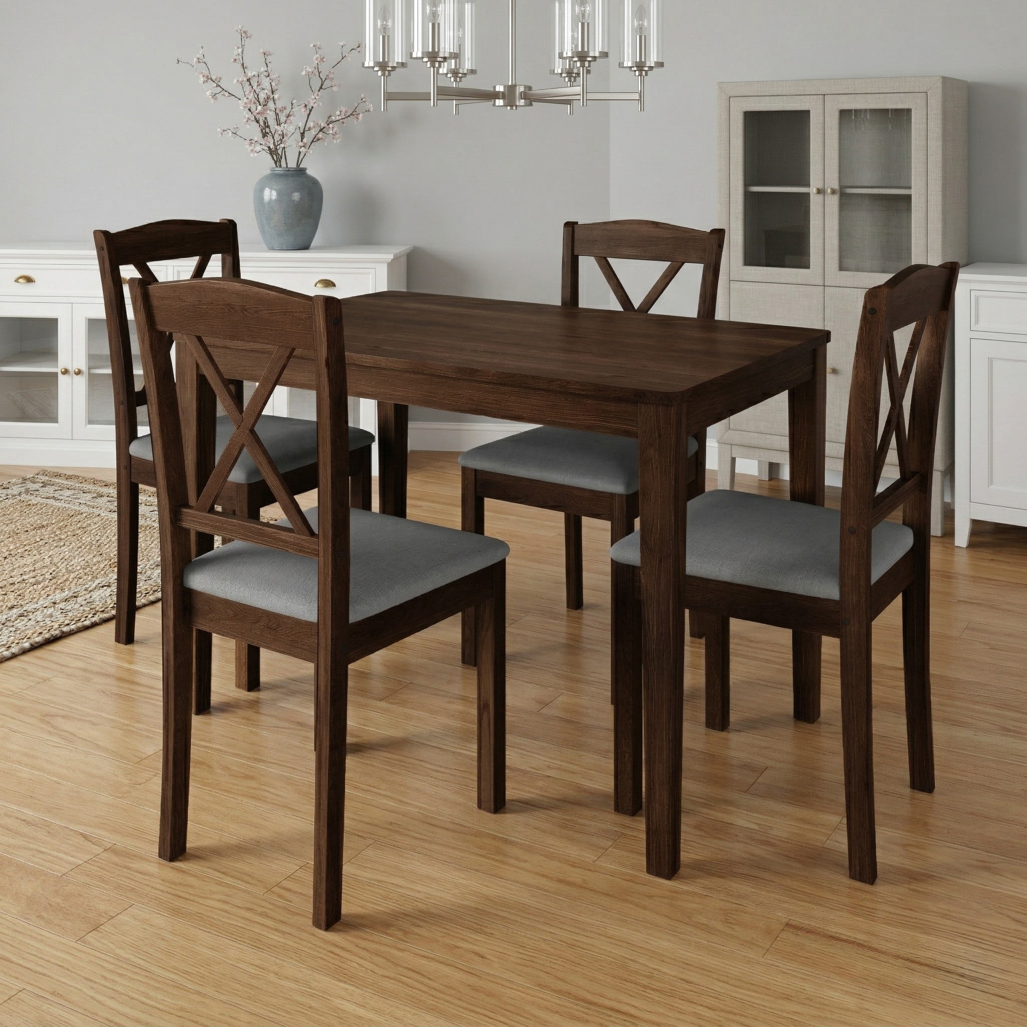 Home Design Lamar 5-Piece Dining Set, Brown/Gray, Rectangular Dining Table with X-Back Cushioned Chairs, Modern Design