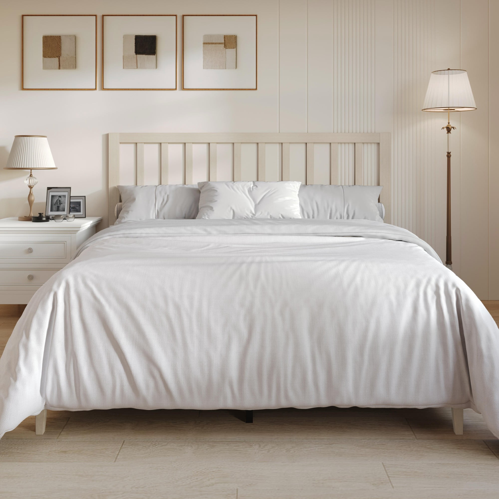Home Design Lancaster Full Platform Bed Frame with Slatted Headboard, No box spring required, Antique White, Easy Assembly