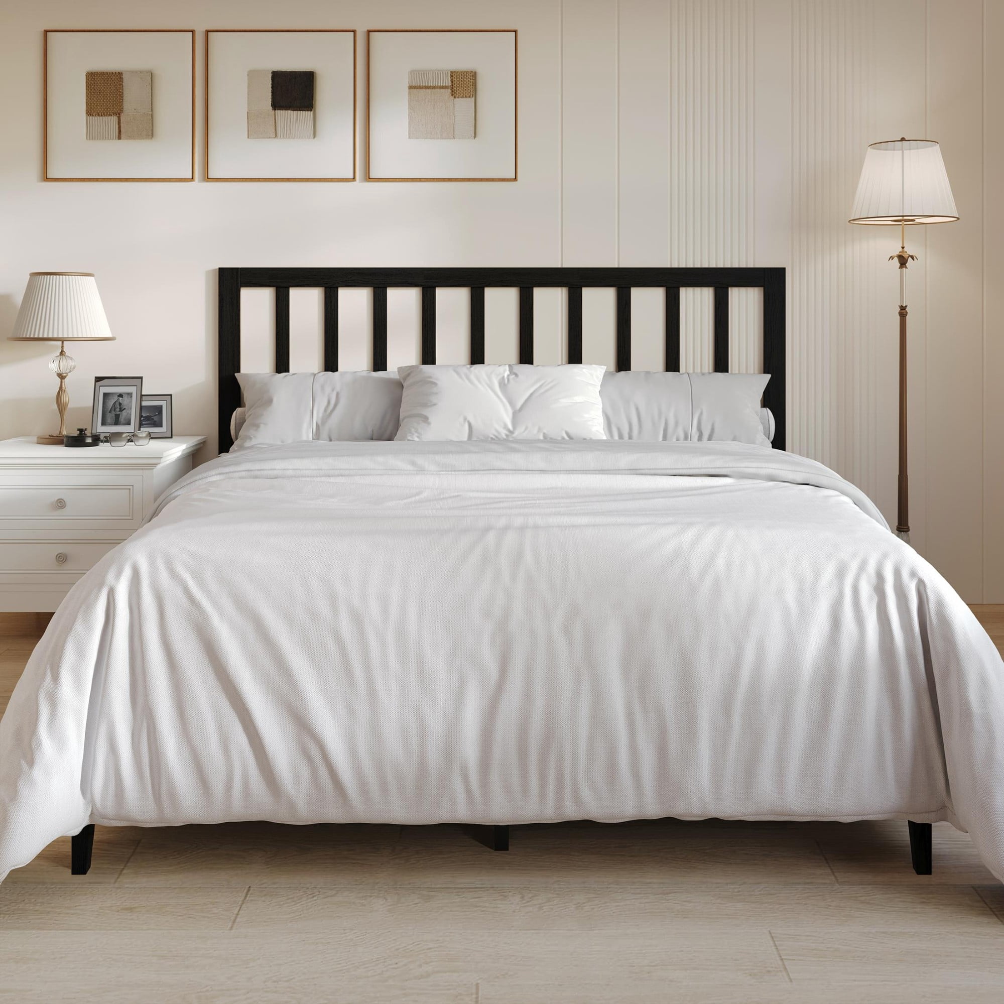 Home Design Lancaster Full Platform Bed Frame with Slatted Headboard, No box spring required, Black, Easy Assembly