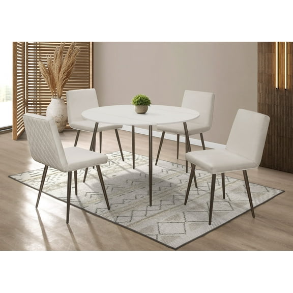 Home Design Lattice Dining Set, White, Round table, Parsons-style velvet chairs, Diamond channel tufting, Sleek dowel legs, Modern design, Comfortable seating, Durable construction