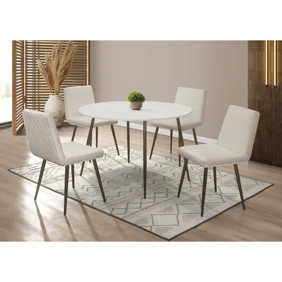 Home Design Lattice Dining Table, White, Round top, Marble-look surface, Sleek dowel legs, Modern style, Durable construction, Elegant design, Space-saving